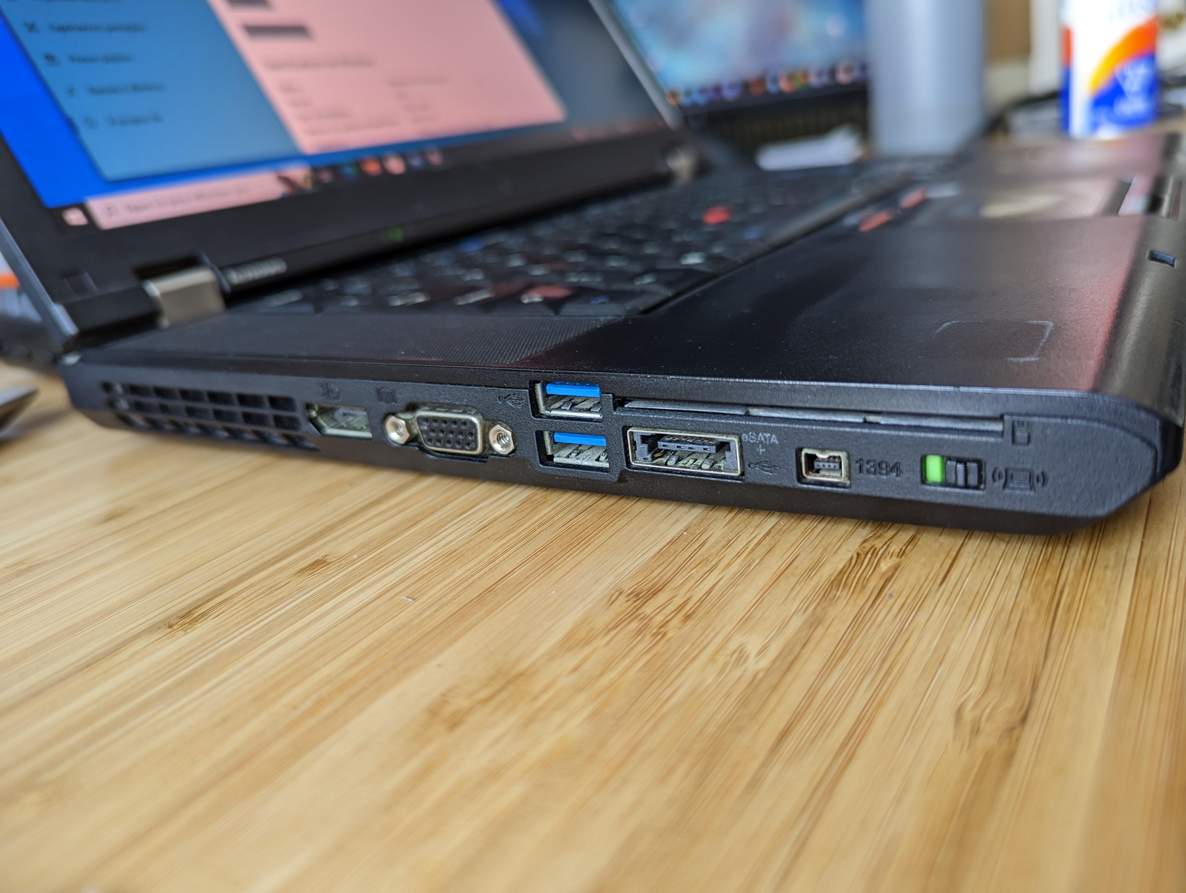 The Lenovo W520 side ports, with e-sata, USB 3 and 2, VGA and DisplayPort